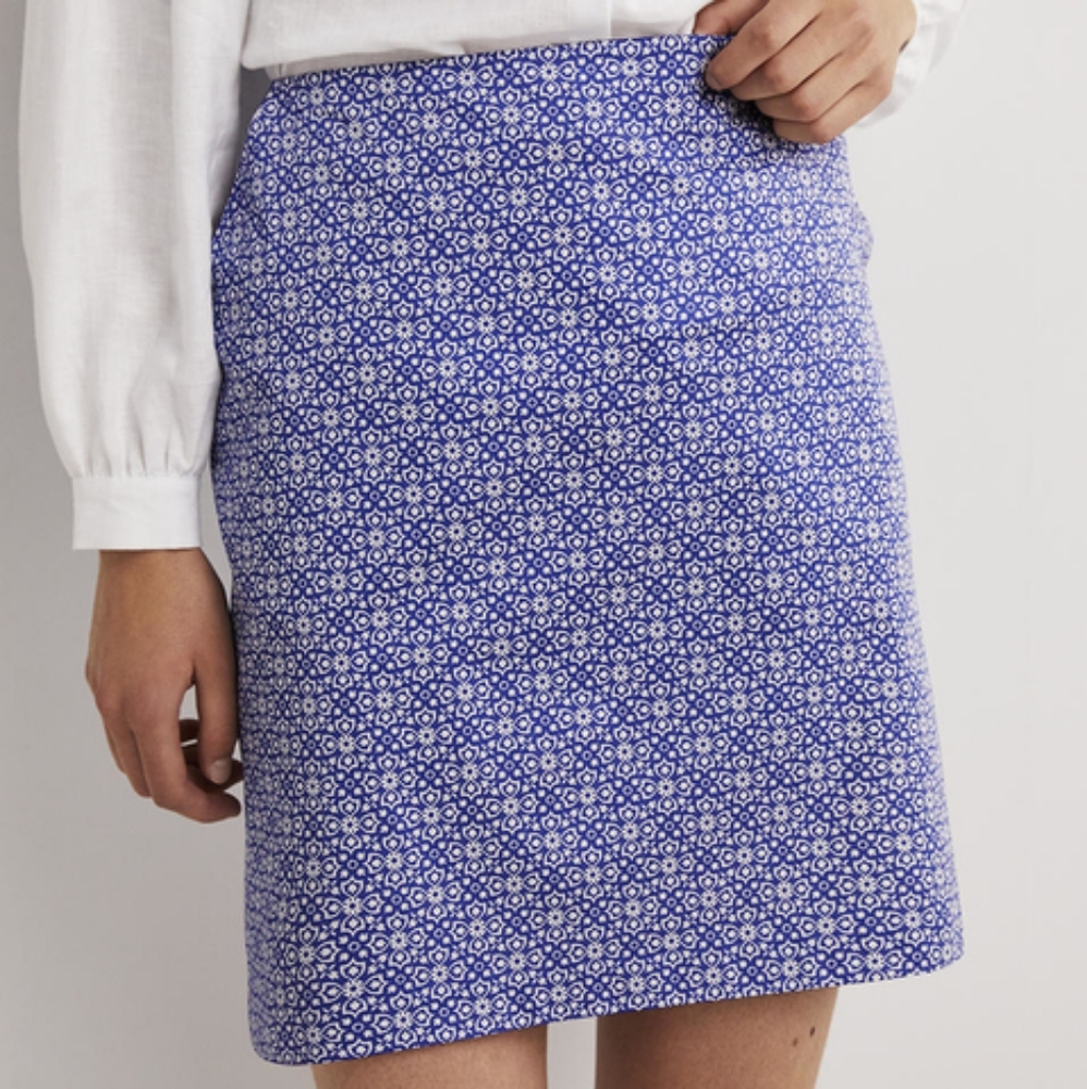Boden A-Line Mini Skirt Size US 10R Blue White Bluebell Floral Pockets Unlined